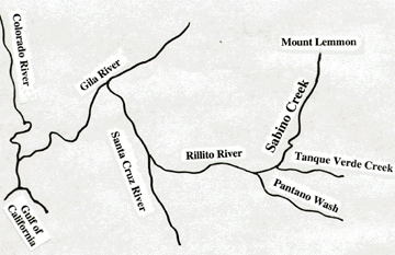 This map shows the rivers, creeks, and washes near Sabino Canyon.