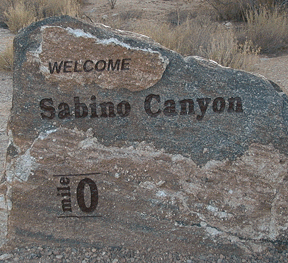 This is a photograph of the "Welcome to Sabino Canyon" rock at mile 0.